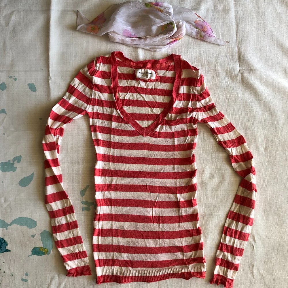 Coral and Cream Striped Light Weight Sweater